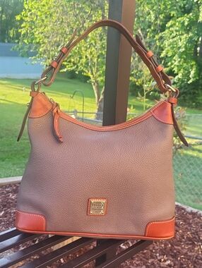 Dooney & Bourke Elephant Grey Pebbled Leather Hobo with Tan Trim